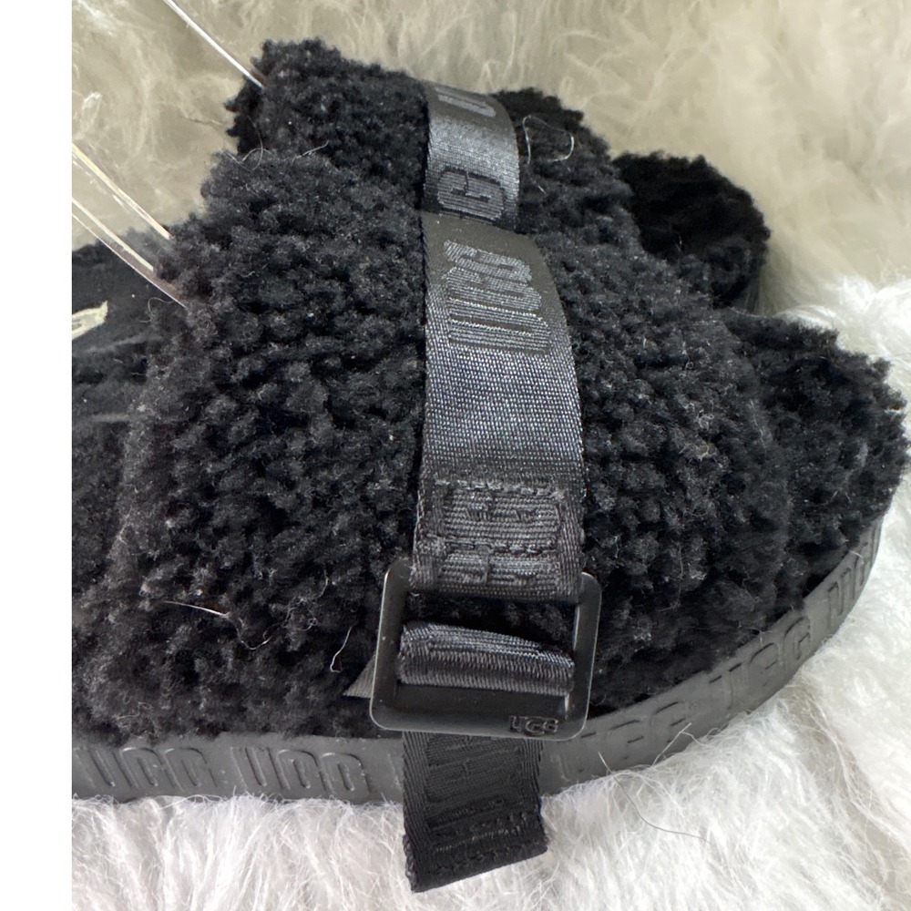 UGG Fluffita‎ Black Curly Sheepskin Platform Slide Sandals Womens Buckle Strap - Picture 2 of 8